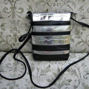 NWT leather metalic silver & black crossbody bag